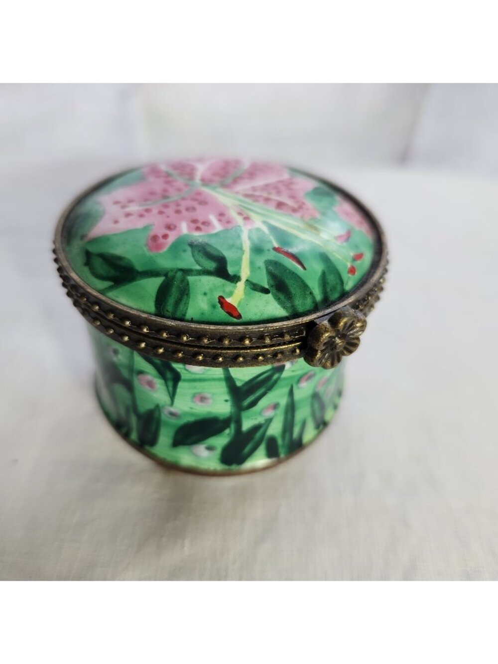 Hand-Painted Kelvin Chen Enamel Stamp Holder Trinket Box With Floral Design 2001